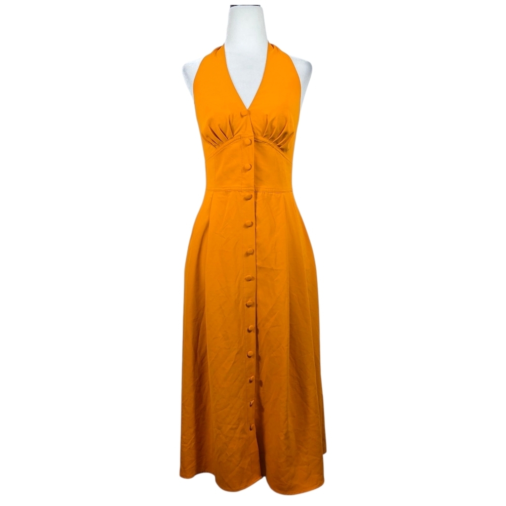 Marilyn Monroe inspired midi length Halter Dress with buttons styled front